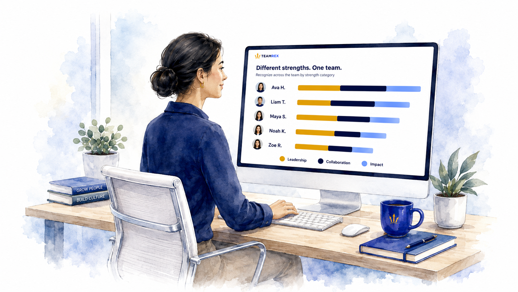 Illustration of a professional reviewing a TeamREX recognition dashboard